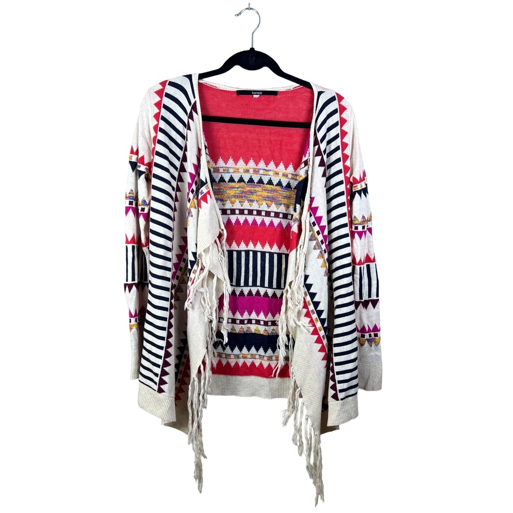 Kensie Womens Geometric Fringe Open Front Cardigan Red Pink Boho Medium